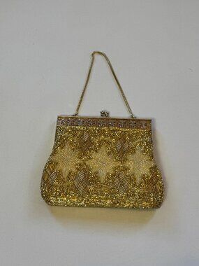 Vintage golden beaded evening bag kiss lock closure